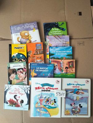 de nombreux livres pour enfants dans une boîte en carton posée par terre