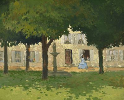 tableau représentant une femme en robe bleue debout devant une maison