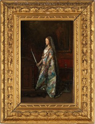 un tableau représentant une femme en robe bleue tenant une épée