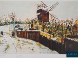 painting of a windmill on a snowy day by a fence