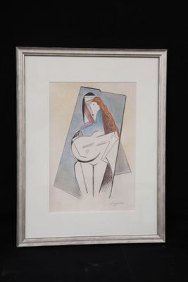 painting of a woman sitting on a toilet in a white frame