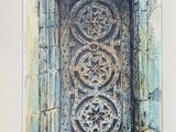 drawing of a door in a stone building with a decorative design