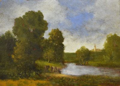 un tableau représentant des vaches au bord d'une rivière, avec une église en arrière-plan
