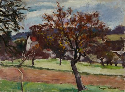 tableau représentant un champ avec des arbres et des maisons au loin