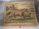 a painting of two horses running in a field