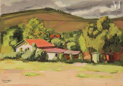 une peinture à l'huile représentant une ferme avec un toit rouge et des arbres