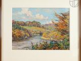 painting of a landscape with a river in the foreground and trees in the background