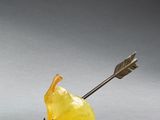 a yellow apple with an arrow stuck in the middle of it