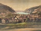 painting of a view of a town with a lake and mountains in the background