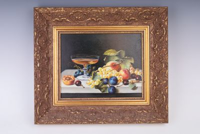 tableau représentant une nature morte avec des fruits sur une table et un verre de vin