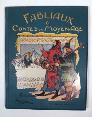an old book with a picture of a man and woman at a table