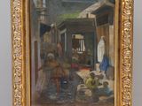 painting on easel of a street scene with a man and a woman in the background