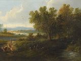 tableau représentant un paysage avec une rivière et un homme à cheval