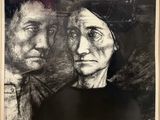 a black and white drawing of two women looking at each other