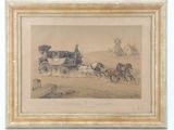drawing of a horse drawn carriage being pulled by two horses