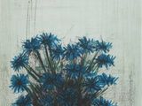 painting of blue flowers in a white vase on a table