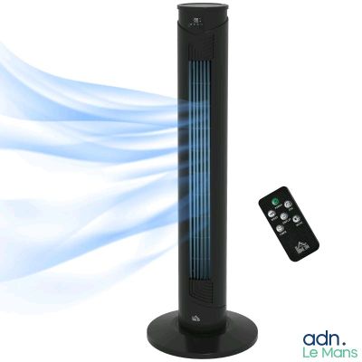 une photo d'un ventilateur colonne noir équipé d'une télécommande