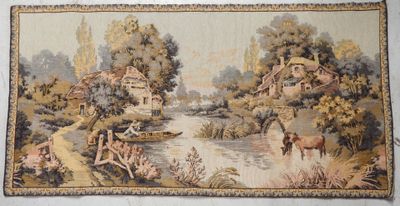 an image of a picture of a tapestry with a river in the background