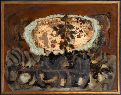 a picture of a painting of a plate with flowers on it