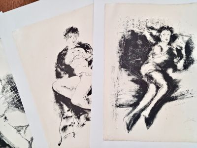 three black and white drawings of a woman sitting on a chair