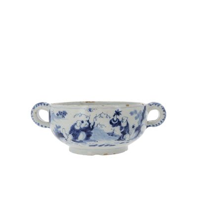 an image of a blue and white bowl with handles