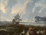painting of a ship in rough water with rocks in the background