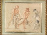 une image représentant un dessin d'un groupe d'hommes en compagnie d'une femme