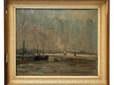 an oil painting of boats in a harbor on a cloudy day