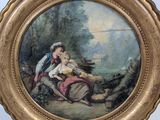 an image of a painting of a woman and a child in a wooded setting