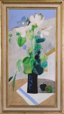 a painting of a vase with flowers and an apple on a table