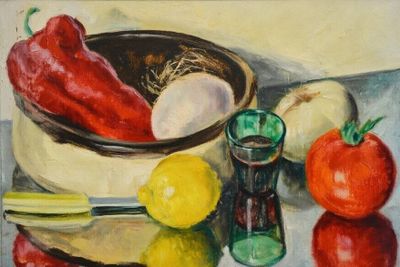 un tableau représentant un bol de fruits et de légumes posé sur une table