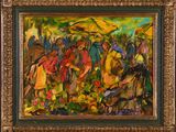 an oil painting of a group of people standing in a field
