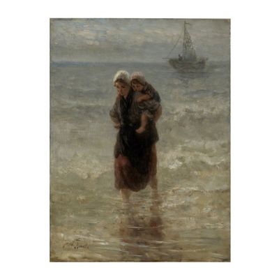 une image représentant un tableau où l'on voit une femme et un enfant marchant dans l'eau