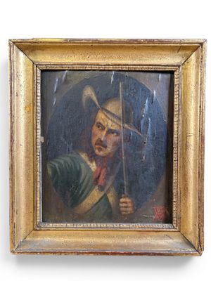 an old painting of a man with a sword in a gold frame