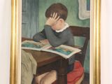 a painting of a boy sitting at a table reading a book