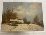 a painting of a horse drawn carriage on a snowy road