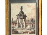 an old painting of a building with a clock tower in the middle of it