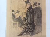 an old drawing of a man in a top hat sitting on a chair