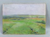 une image représentant un tableau d'un champ vert avec une maison au loin