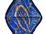blue and gold square with a design of a snake on it