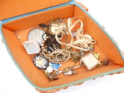a box full of jewelry on a white surface