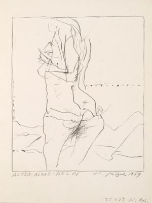 l'image d'un dessin représentant une femme assise sur un lit