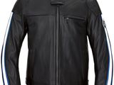 une veste en cuir noir avec des rayures bleues et blanches sur les manches