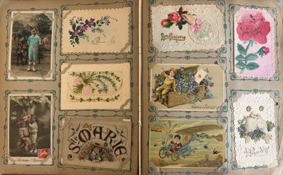 a open book with pictures of people and flowers on it