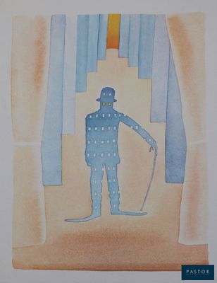 a picture of a man in a suit and hat with a cane