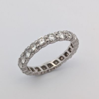 un gros plan d'une bague « éternité » sertie de diamants sur fond blanc