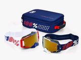 two pairs of goggles and a case with an american flag design