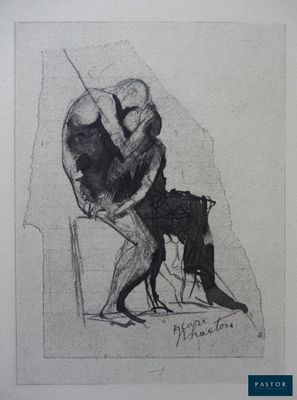 une image représentant le dessin d'un homme tenant un chien