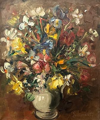 a painting of flowers in a vase on a table