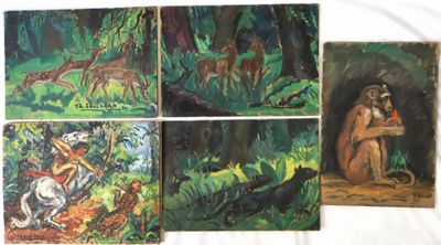quatre tableaux représentant des animaux dans une forêt, avec des arbres et des buissons
